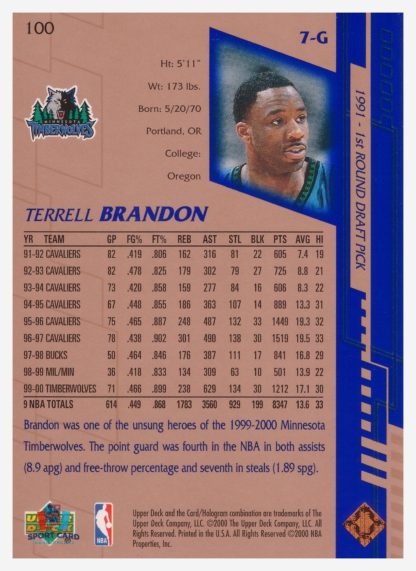 2000 Upper Deck Base Terrell Brandon #100 – Image 2
