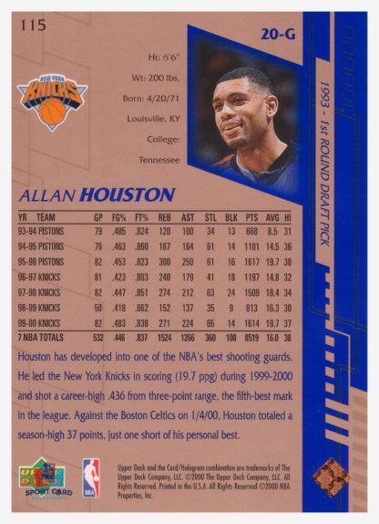 2000 Upper Deck Base Allan Houston #115 – Image 2