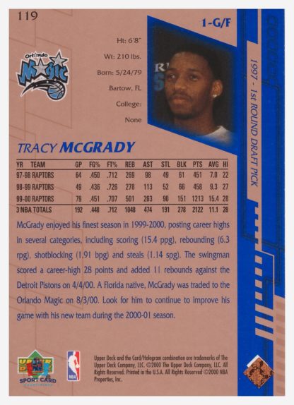 2000 Upper Deck Base Tracy McGrady #119 – Image 2