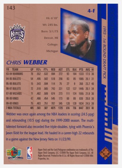 2000 Upper Deck Base Chris Webber #143 – Image 2