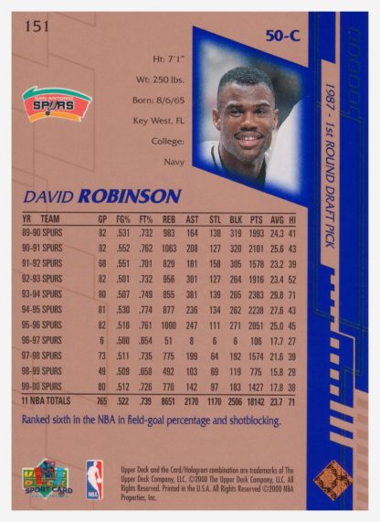 2000 Upper Deck Base David Robinson #151 – Image 2
