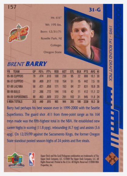 2000 Upper Deck Base Brent Barry #157 – Image 2