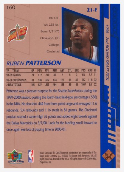 2000 Upper Deck Base Ruben Patterson #160 – Image 2