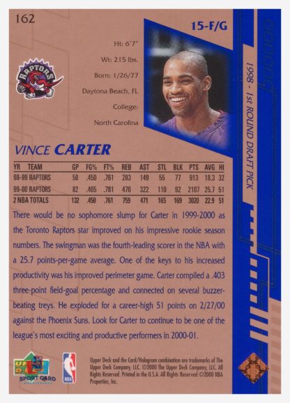 2000 Upper Deck Base Vince Carter #162 – Image 2