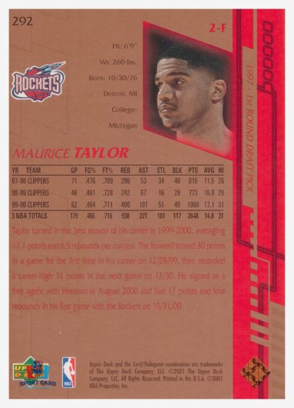 2001 Upper Deck Game Jersey Edition Maurice Taylor #292 – Image 2
