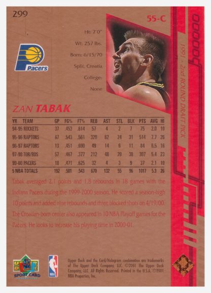 2001 Upper Deck Game Jersey Edition Zan Tabak #299 – Image 2