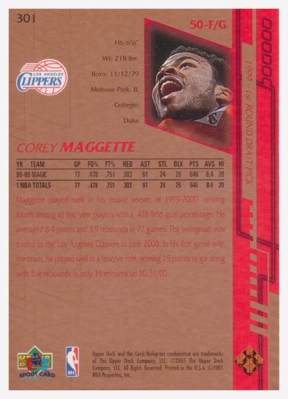 2001 Upper Deck Game Jersey Edition Corey Maggette #301 – Image 2