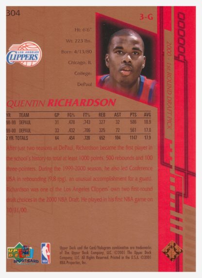2001 Upper Deck Game Jersey Edition Quentin Richardson #304 – Image 2