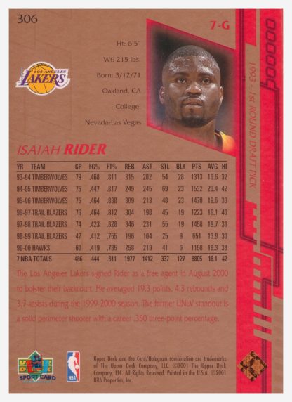 2001 Upper Deck Game Jersey Edition Isaiah Rider #306 – Image 2
