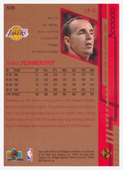 2001 Upper Deck Game Jersey Edition Mike Penberthy #308 – Image 2