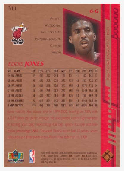 2001 Upper Deck Game Jersey Edition Eddie Jones #311 – Image 2