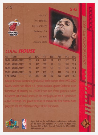 2001 Upper Deck Game Jersey Edition Eddie House #315 – Image 2