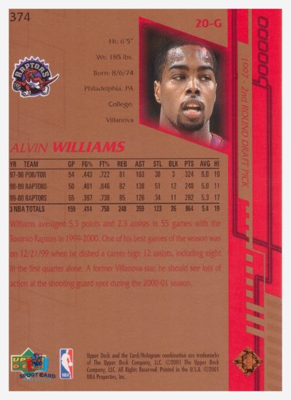 2001 Upper Deck Game Jersey Edition Alvin Williams #374 – Image 2