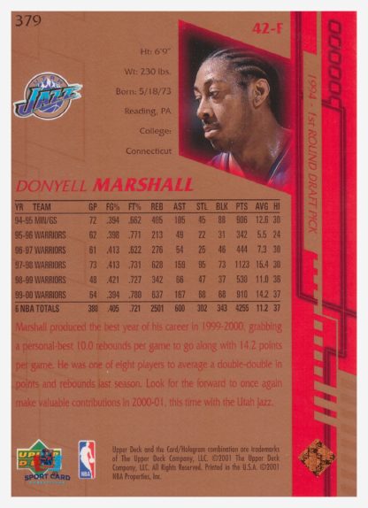 2001 Upper Deck Game Jersey Edition Donyell Marshall #379 – Image 2