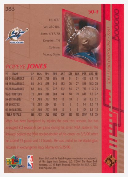 2001 Upper Deck Game Jersey Edition Popeye Jones #386 – Image 2