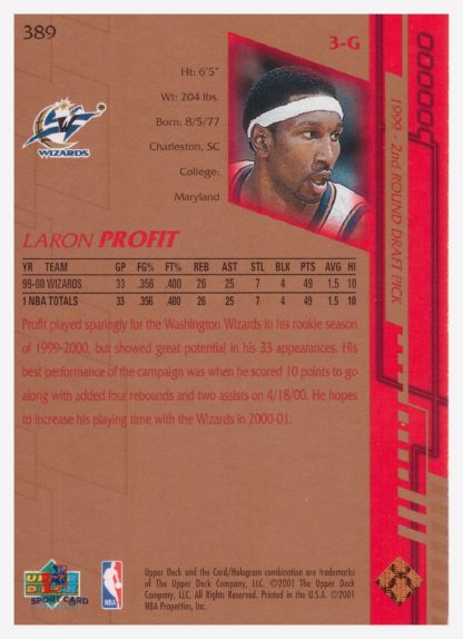 2001 Upper Deck Game Jersey Edition Laron Profit #389 – Image 2