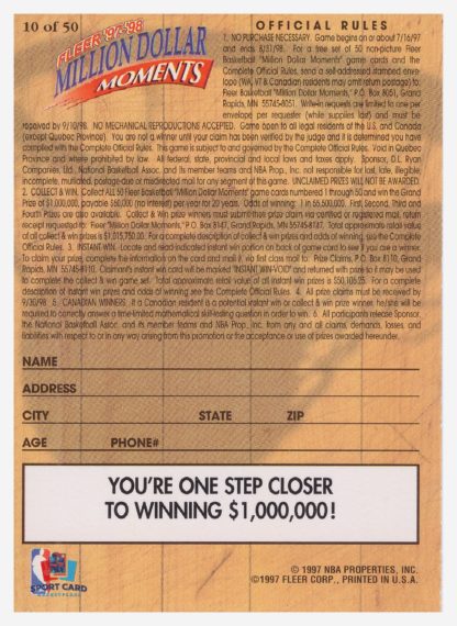 1997 Fleer Million Dollar Moments Anfernee Hardaway #10/50 – Image 2