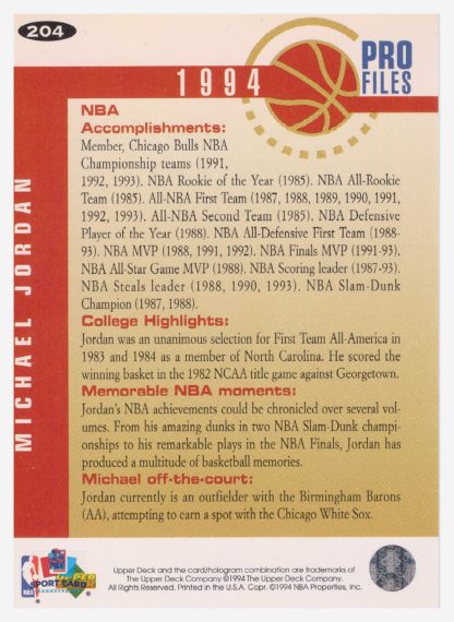 1994 Upper Deck Collector's Choice 1994 Pro Files Michael Jordan #204 – Image 2