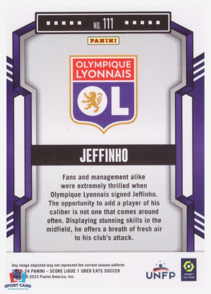 Panini Score Ligue 1 2023-24 Rookie Card - Jeffinho - Olympique Lyonnais #111 – Image 2