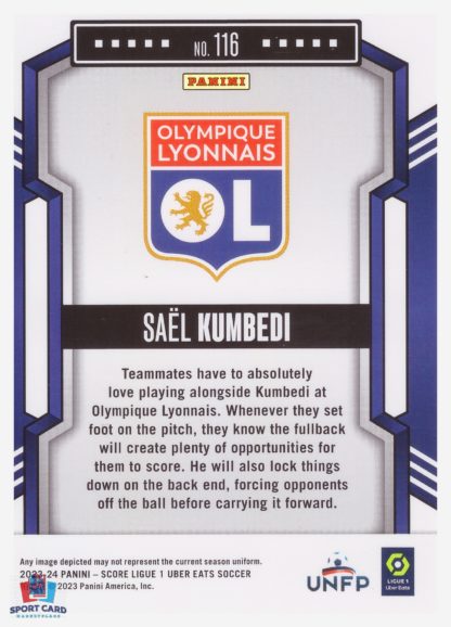 Panini Score Ligue 1 2023-24 Base Card - Saël Kumbedi - Olympique Lyonnais #116 – Image 2