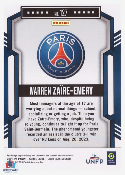 Panini Score Ligue 1 2023-24 Base Card - Warren Zaïre-Emery - Paris Saint-Germain #127 – Image 2