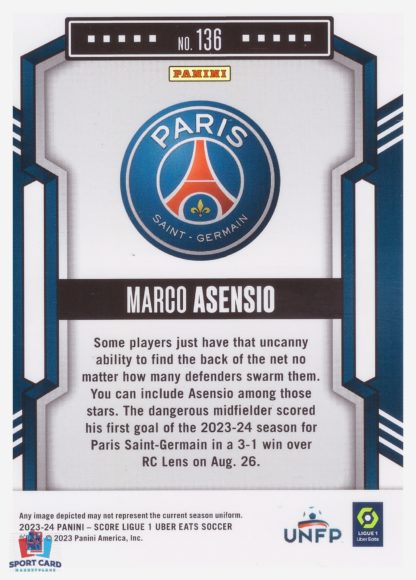 Panini Score Ligue 1 2023-24 Base Card - Marco Asensio - Paris Saint-Germain #136 – Image 2