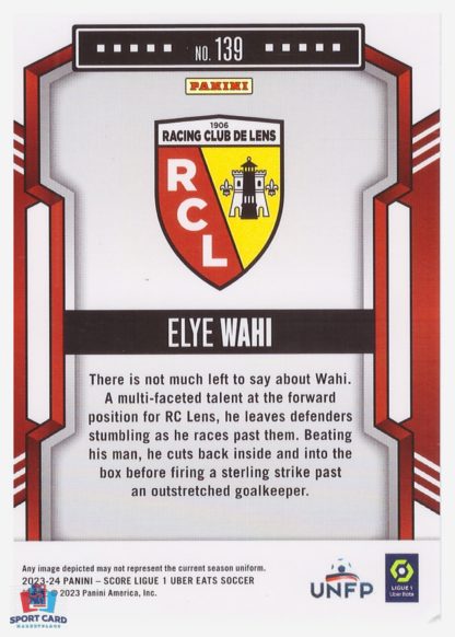 Panini Score Ligue 1 2023-24 Base Card - Alye Wahi - RC Lens #139 – Image 2