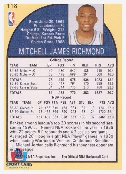 1990 NBA Hoops Mitch Richmond / Golden State Warriors #118 – Image 2