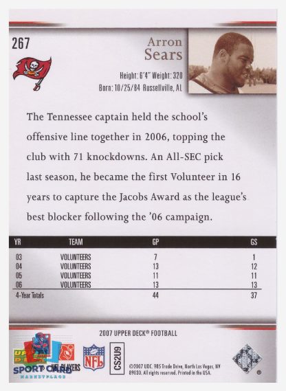 2007 Upper Deck Star Rookie Arron Sears / Tampa Bay Buccaneers #267