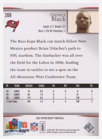 2007 Upper Deck Star Rookie Quincy Black / Tampa Bay Buccaneers #269 – Image 2