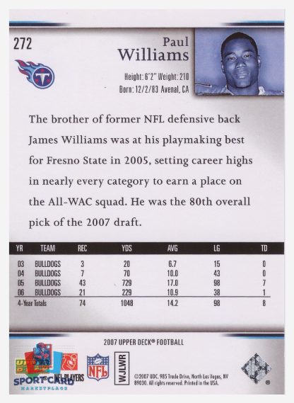2007 Upper Deck Star Rookie Paul Williams / Tennessee Titans #272 – Image 2