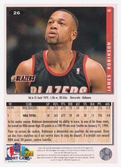 1994 Upper Deck Collector's Choice James Robinson / Portland Trail Blazers #26