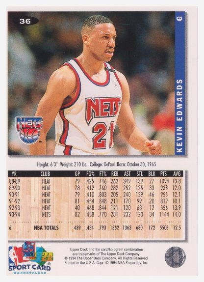 1994 Upper Deck Collector's Choice Kevin Edwards / New Jersey Nets #36