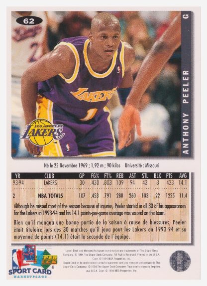 1994 Upper Deck Collector's Choice Anthony Peeler / Los Angeles Lakers #62