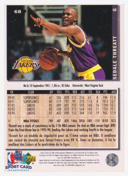 1994 Upper Deck Collector's Choice Sedale Threatt / Los Angeles Lakers #68
