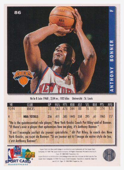 1994 Upper Deck Collector's Choice Anthony Bonner / New York Knicks #86