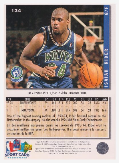 1994 Upper Deck Collector's Choice Isaiah Rider / Minnesota Timberwolves #134