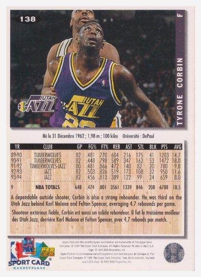 1994 Upper Deck Collector's Choice Tyrone Corbin / Utah Jazz #138