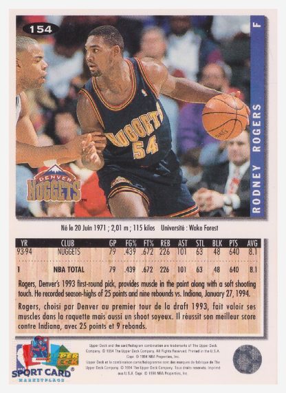 1994 Upper Deck Collector's Choice Rodney Rogers / Denver Nuggets #154