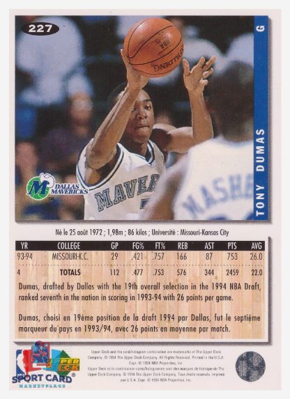 1994 Upper Deck Collector's Choice Tony Dumas / Dallas Mavericks #227