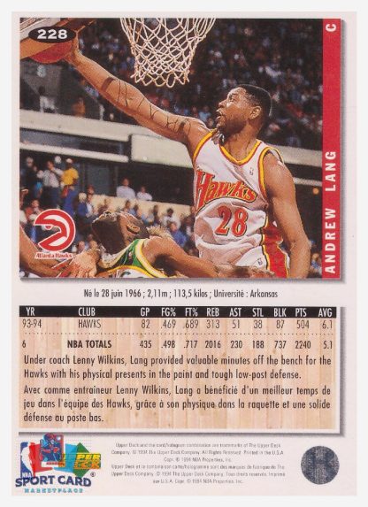1994 Upper Deck Collector's Choice Andrew Lang / Atlanta Hawks #228