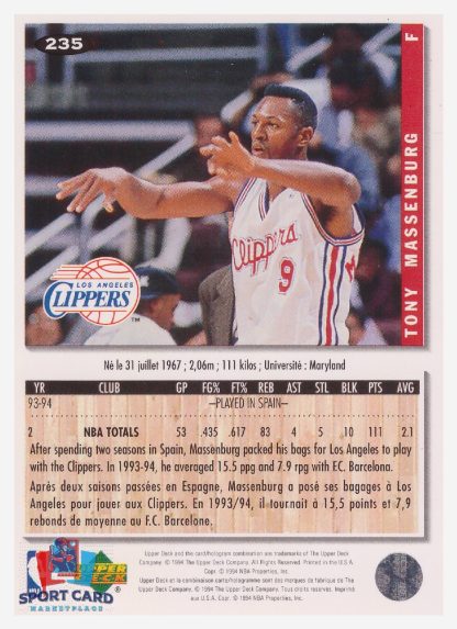 1994 Upper Deck Collector's Choice Tony Massenburg / Los Angeles Clippers #235
