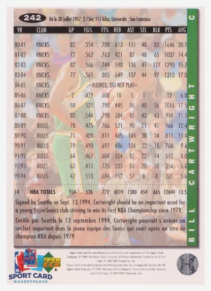 1994 Upper Deck Collector's Choice Bill Cartwright / Seattle SuperSonics #242
