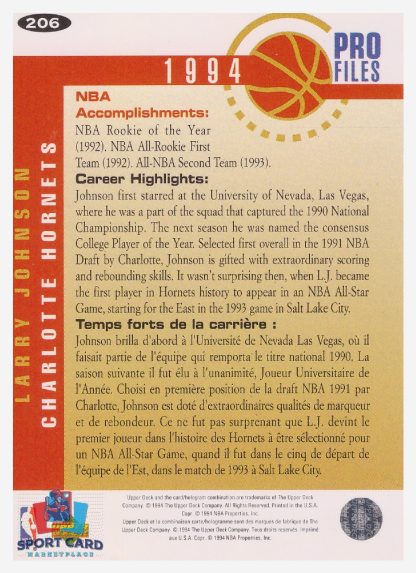 1994 Upper Deck Collector's Choice - Pro Files Larry Johnson / Charlotte Hornets #206