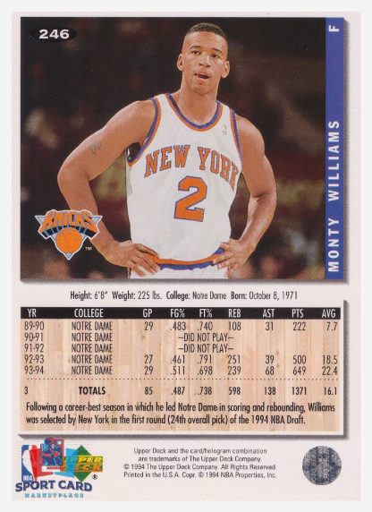 1994 Upper Deck Collector's Choice Monty Williams / New York Knicks #246