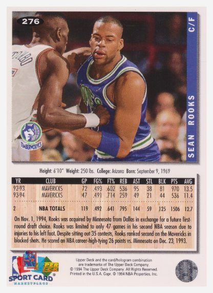 1994 Upper Deck Collector's Choice Sean Rooks / Minnesota Timberwolves #276