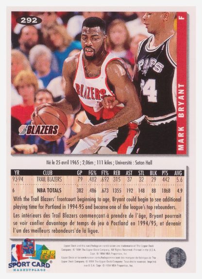 1994 Upper Deck Collector's Choice Mark Bryant / Portland Trail Blazers #292