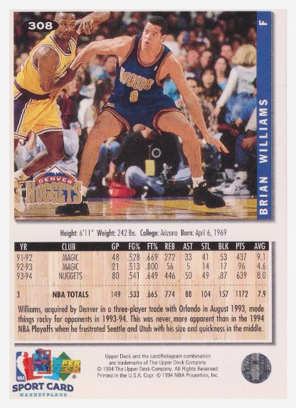 1994 Upper Deck Collector's Choice Brian Williams / Denver Nuggets #308