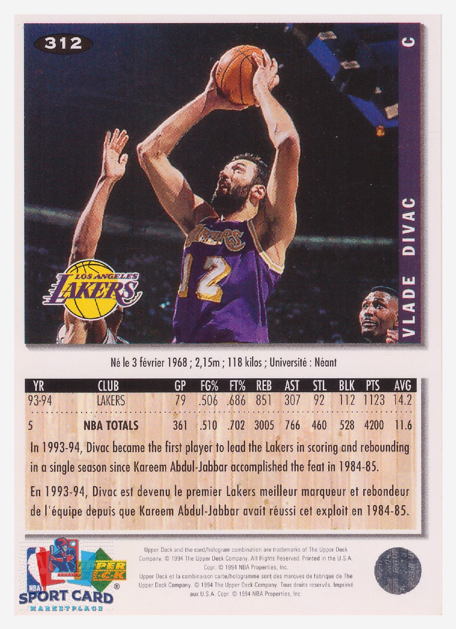 1994 Upper Deck Collector's Choice Vlade Divac / Los Angeles Lakers #312