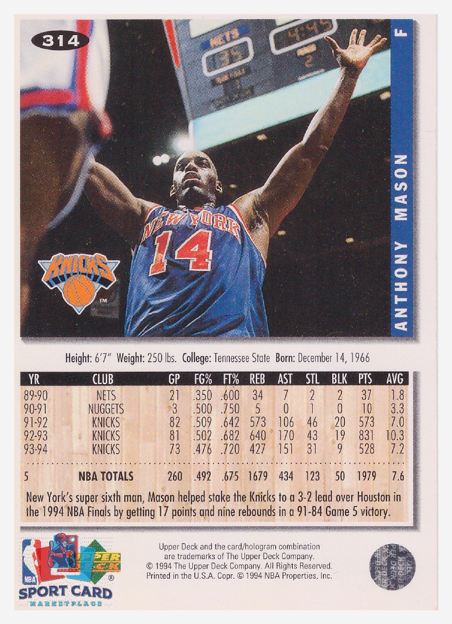 1994 Upper Deck Collector's Choice Anthony Mason / New York Knicks #314